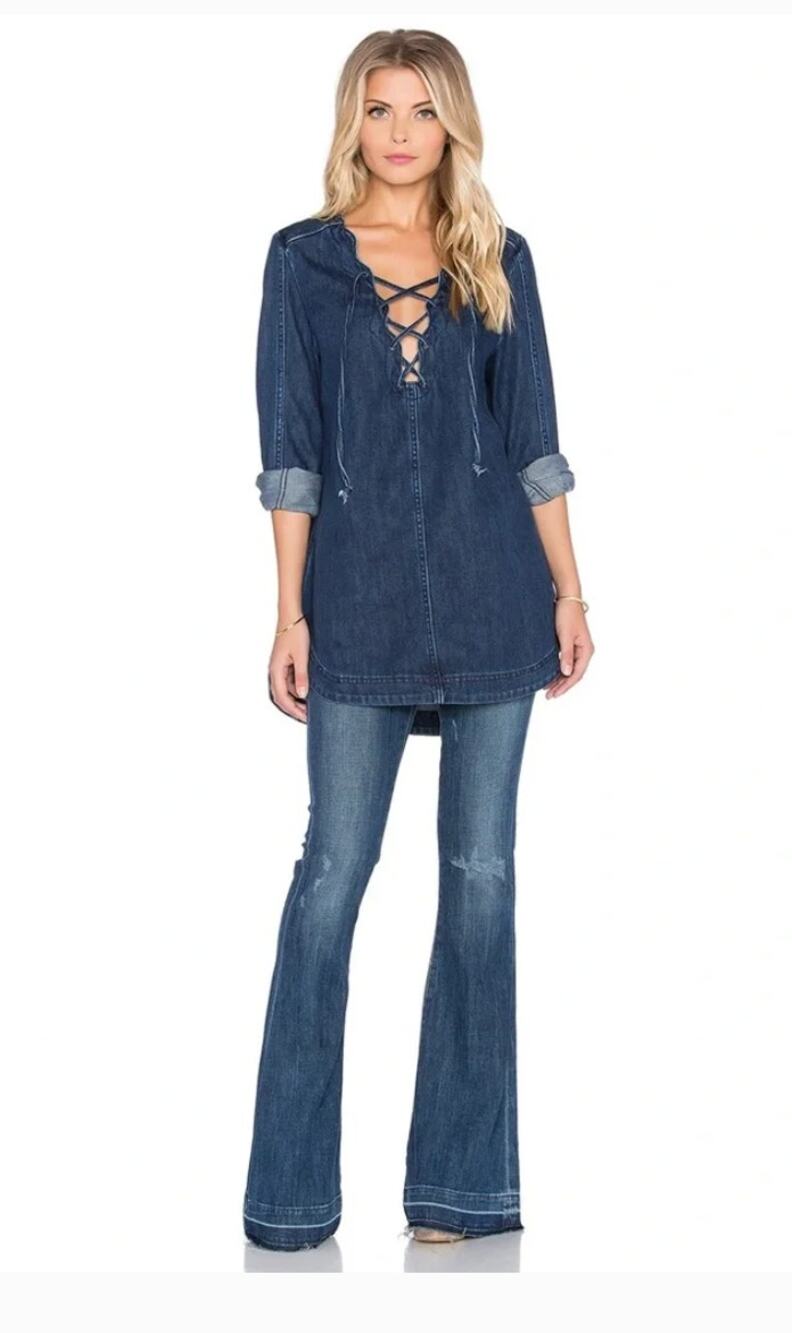 Free People Denim Dress Neapolitan Dreams XS Tunic Lace Up Plunge Long Sleeve